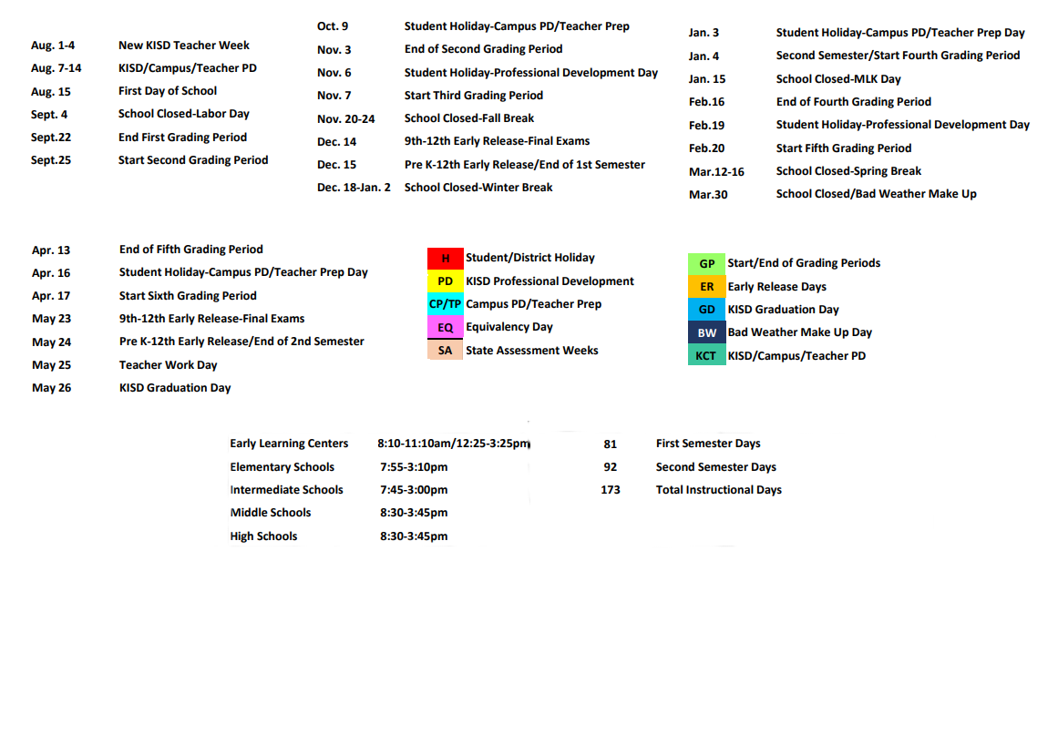 District School Academic Calendar Key for Lone Star Elementary