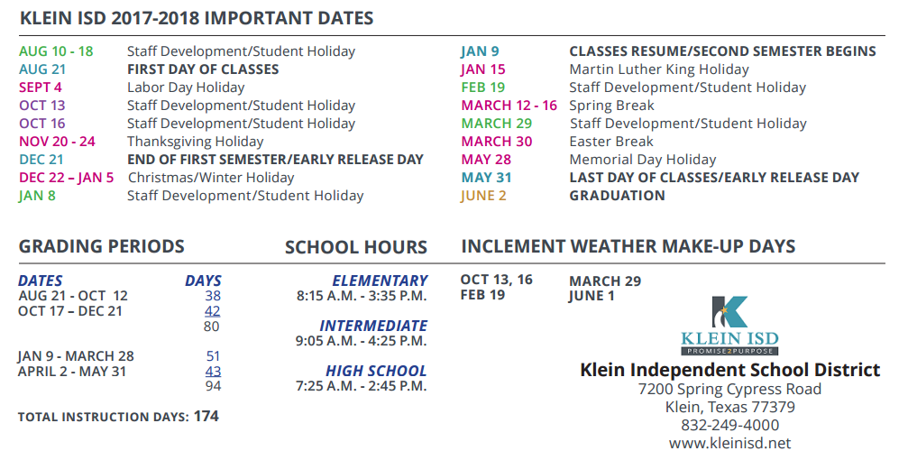 District School Academic Calendar Key for Klein Oak High School
