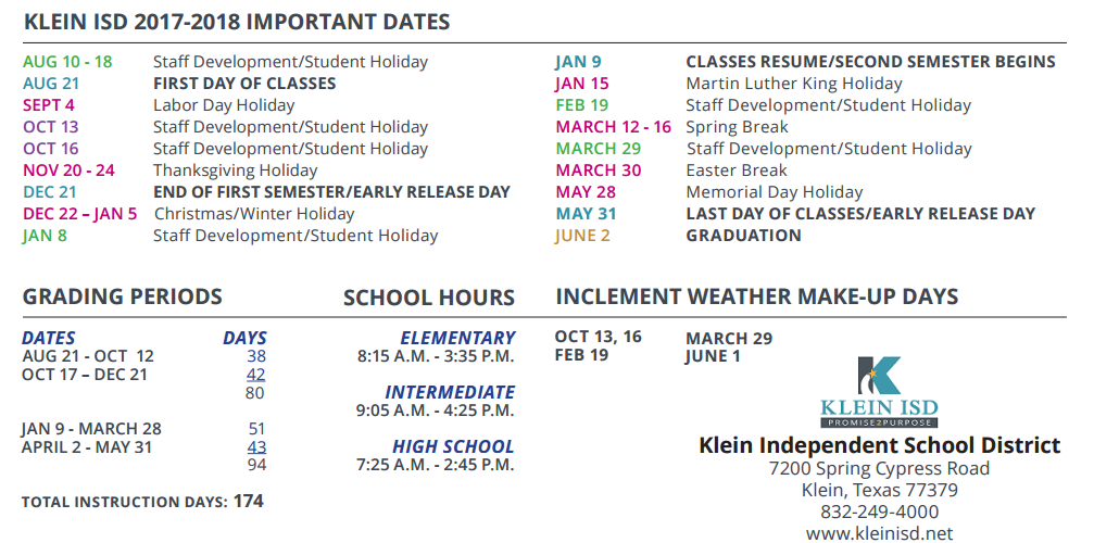 District School Academic Calendar Key for Wunderlich Intermediate