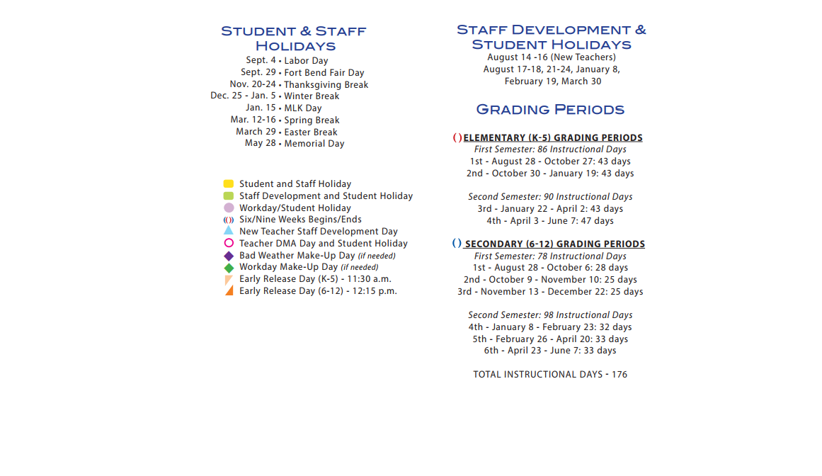 District School Academic Calendar Key for Fort Bend Co Alter