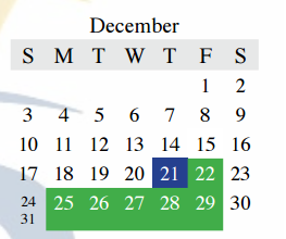 District School Academic Calendar for Timber Creek Elementary for December 2017