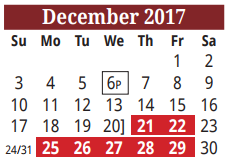 District School Academic Calendar for Cameron Co J J A E P for December 2017
