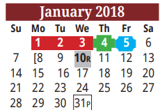 District School Academic Calendar for Cameron Co J J A E P for January 2018