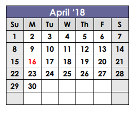 District School Academic Calendar for Lubbock Co J J A E P for April 2018