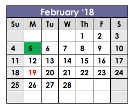 District School Academic Calendar for Lubbock Co J J A E P for February 2018
