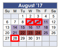 District School Academic Calendar for J L Lyon Elementary for August 2017