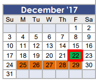 District School Academic Calendar for Tom R Ellisor Elementary for December 2017