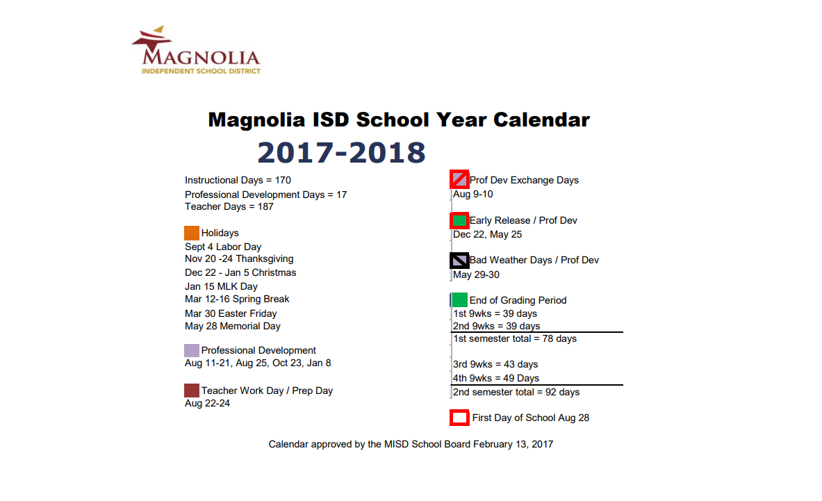 District School Academic Calendar Key for Magnolia Junior High