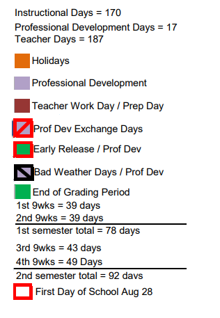 District School Academic Calendar Legend for Magnolia Junior High