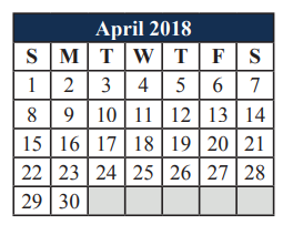 District School Academic Calendar for T A Howard Middle for April 2018