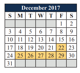 District School Academic Calendar for T A Howard Middle for December 2017