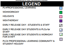 District School Academic Calendar Legend for Bonham Elementary