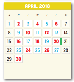 District School Academic Calendar for P A S S Learning Ctr for April 2018