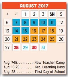 District School Academic Calendar for P A S S Learning Ctr for August 2017