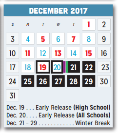 District School Academic Calendar for Agnew Middle School for December 2017