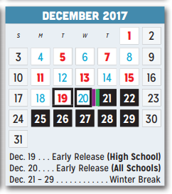 District School Academic Calendar for P A S S Learning Ctr for December 2017