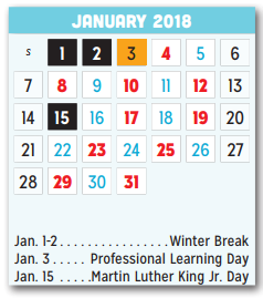 District School Academic Calendar for Shaw Elementary for January 2018