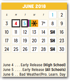 District School Academic Calendar for P A S S Learning Ctr for June 2018