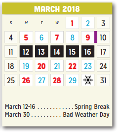 District School Academic Calendar for P A S S Learning Ctr for March 2018