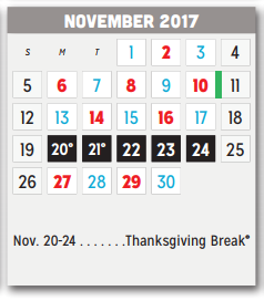 District School Academic Calendar for P A S S Learning Ctr for November 2017