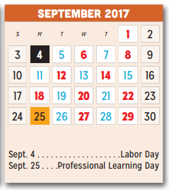 District School Academic Calendar for P A S S Learning Ctr for September 2017