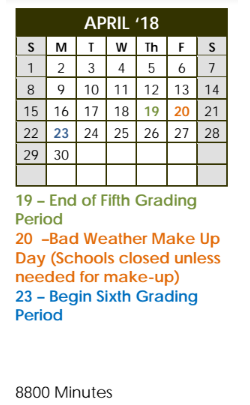 District School Academic Calendar for Fannin Elementary for April 2018