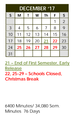 District School Academic Calendar for Midland Excel Campus for December 2017