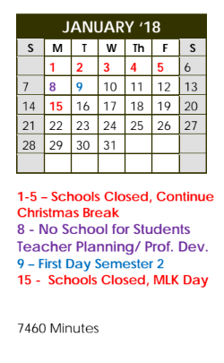 District School Academic Calendar for Midland High School for January 2018