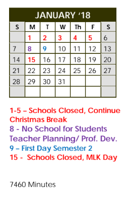 District School Academic Calendar for Fannin Elementary for January 2018