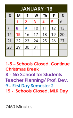 District School Academic Calendar for Midland Excel Campus for January 2018