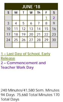 District School Academic Calendar for Lee Freshman High School for June 2018