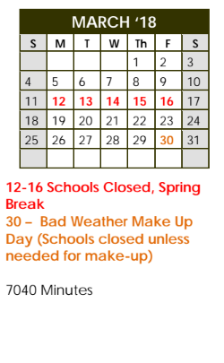 District School Academic Calendar for Long Elementary for March 2018