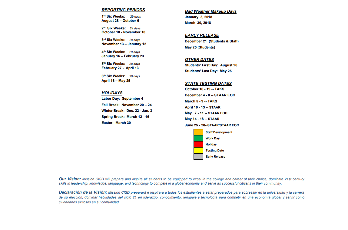 District School Academic Calendar Key for Cantu Elementary