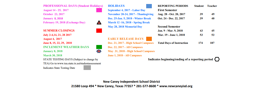District School Academic Calendar Key for The Learning Ctr
