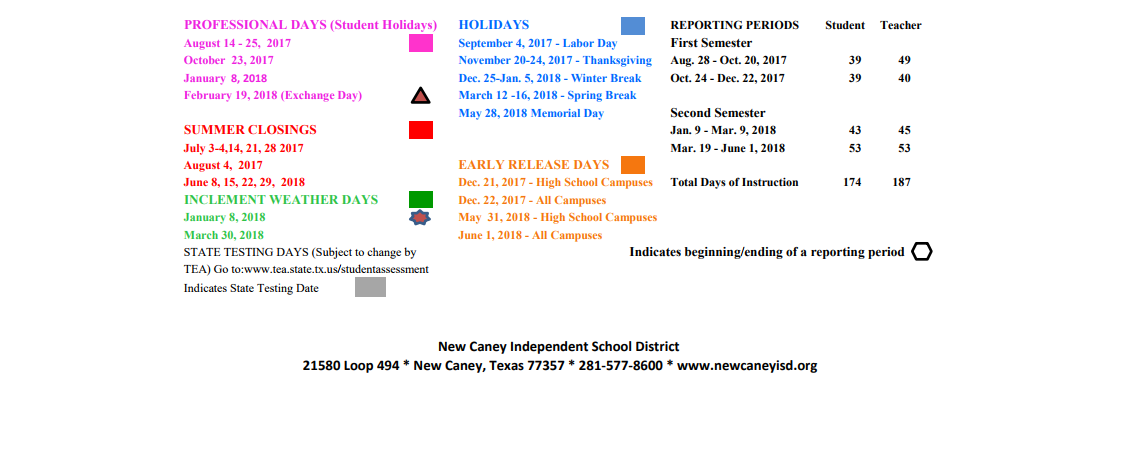 District School Academic Calendar Key for New Caney High School