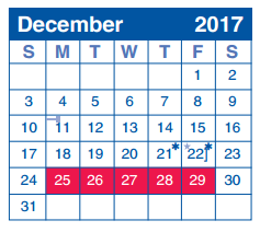 District School Academic Calendar for Wilshire Elementary School for December 2017