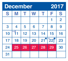 District School Academic Calendar for International School Of America for December 2017