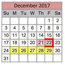 District School Academic Calendar for Kay Granger Elementary for December 2017