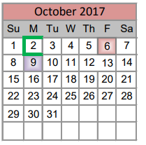 District School Academic Calendar for Denton Co J J A E P for October 2017