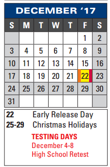 District School Academic Calendar for The Summit Intermediate for December 2017
