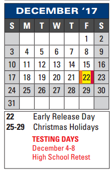 District School Academic Calendar for Burnett Guidance Ctr for December 2017