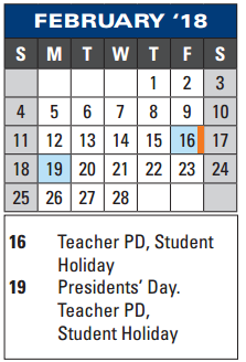 District School Academic Calendar for The Summit Intermediate for February 2018