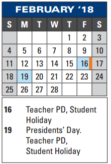 District School Academic Calendar for Fisher Guidance Ctr for February 2018