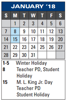 District School Academic Calendar for The Summit Intermediate for January 2018