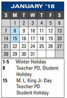 District School Academic Calendar for L P Card Skill Center for January 2018