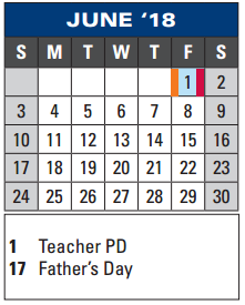 District School Academic Calendar for Guidance Center for June 2018
