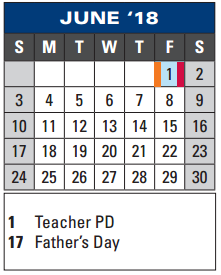 District School Academic Calendar for Garfield Elementary for June 2018