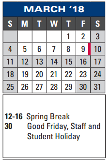 District School Academic Calendar for Burnett Guidance Ctr for March 2018