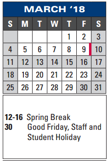 District School Academic Calendar for The Summit Intermediate for March 2018