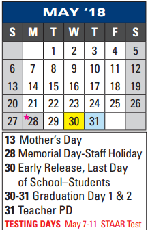 District School Academic Calendar for The Summit Intermediate for May 2018